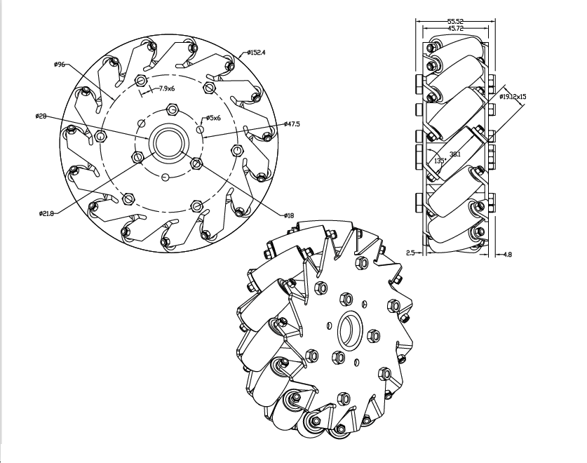 CasterBot 6 Inch 152mm Mecanum Wheels for Robocup Robocon with Bearing Rollers